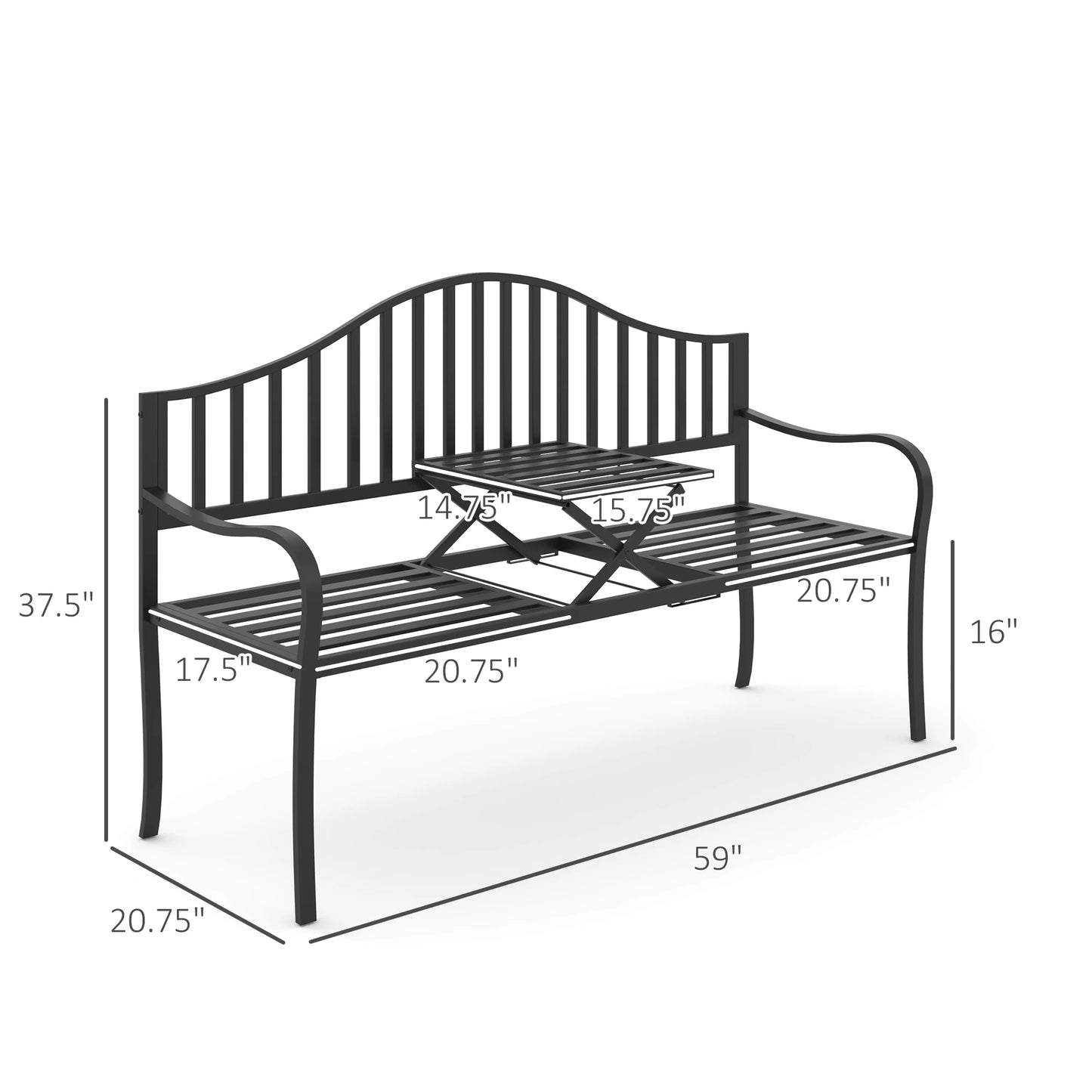 Outsunny Outdoor Bench with Retractable Middle Table, Metal Frame Patio Bench - Rusted Decor 