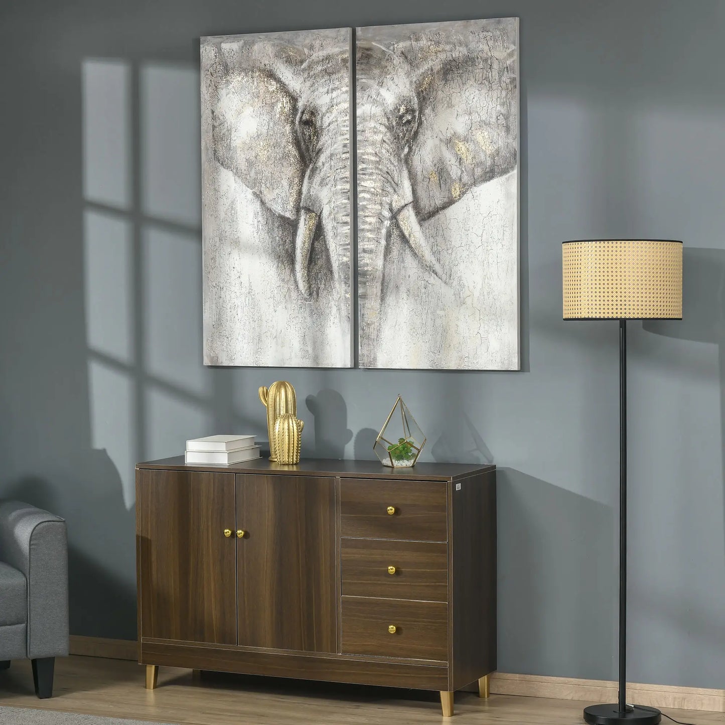 HOMCOM 2 Panel Elephant Art Hand-Painted Canvas Painting with Heavy Texture, White / Grey, 47.25" x 47.25" - Rusted Decor 