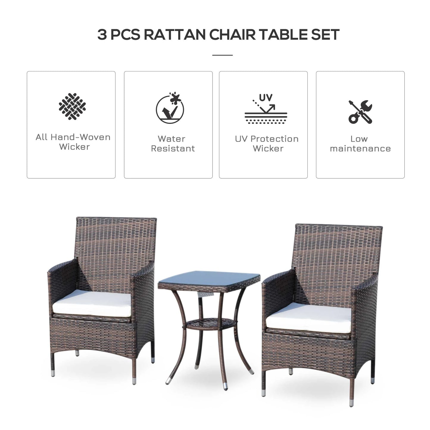 Outsunny 3 Pieces Patio Furniture Set, Rattan Bistro Set w/Two Armchairs and Glass Top Table - Rusted Decor 