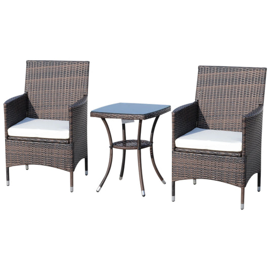 Outsunny 3 Pieces Patio Furniture Set, Rattan Bistro Set w/Two Armchairs and Glass Top Table - Rusted Decor 