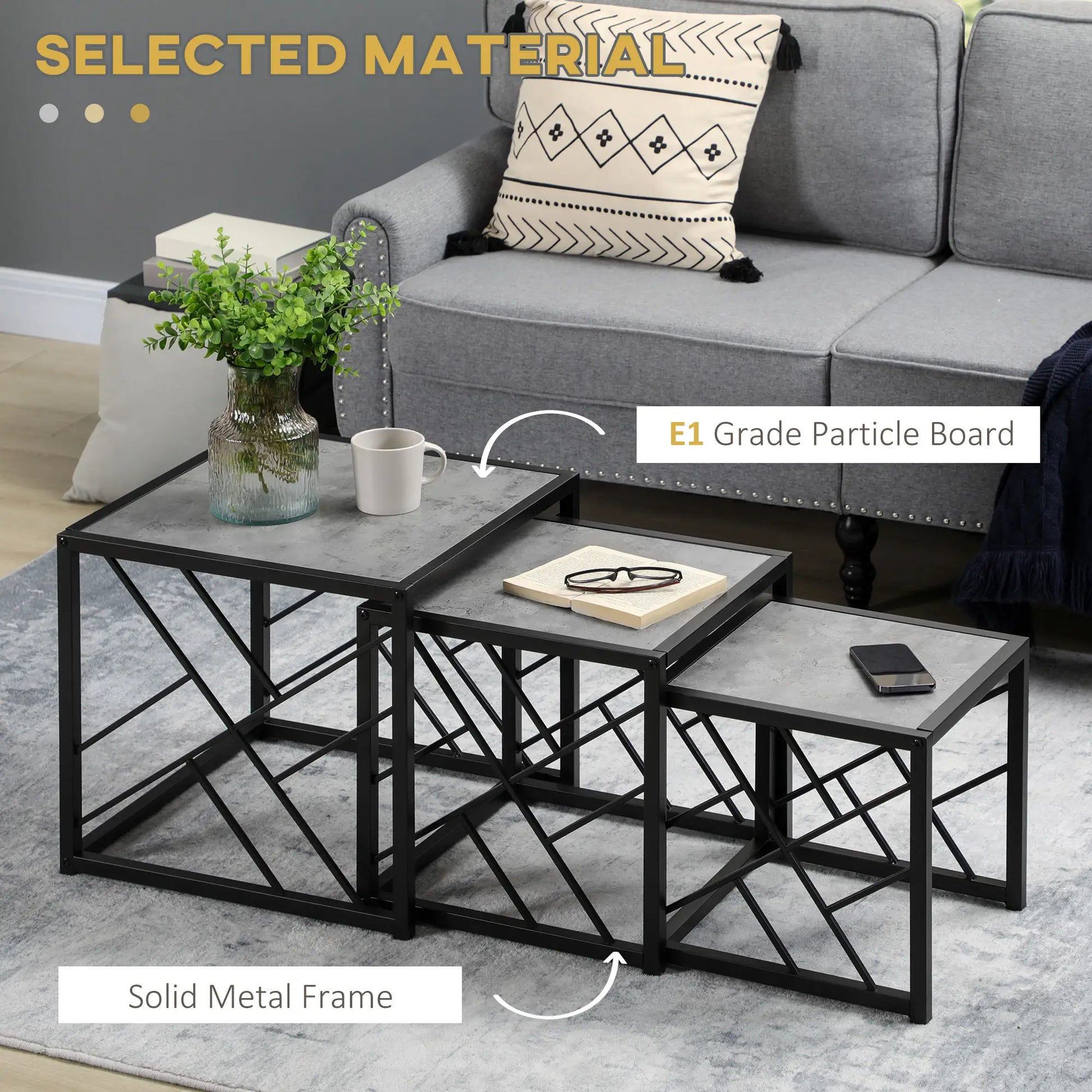 HOMCOM "Nest of Tables" Square Coffee Table Set of 3 with Metal Frame, Grey - Rusted Decor 