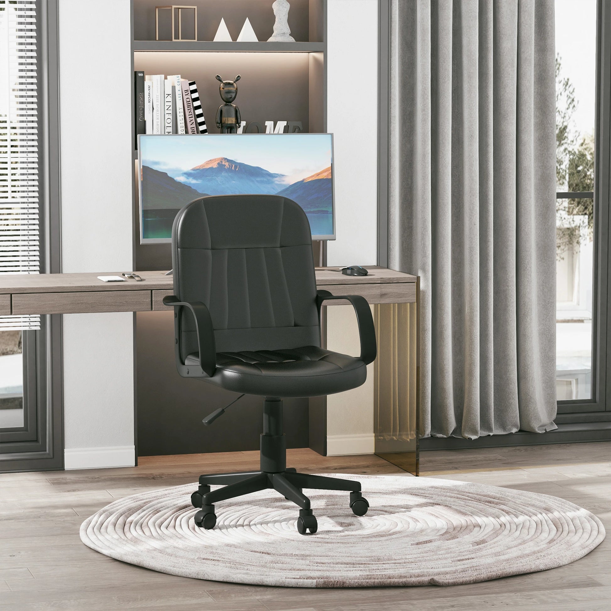 HOMCOM Desk Office Chair PU Leather, Adjustable Height, Black - Rusted Decor 