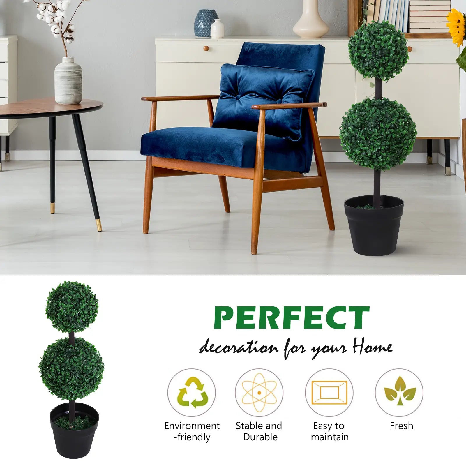 Outsunny 2 Artificial Ball Topiary Trees in Pot, Dark Green - Rusted Decor 