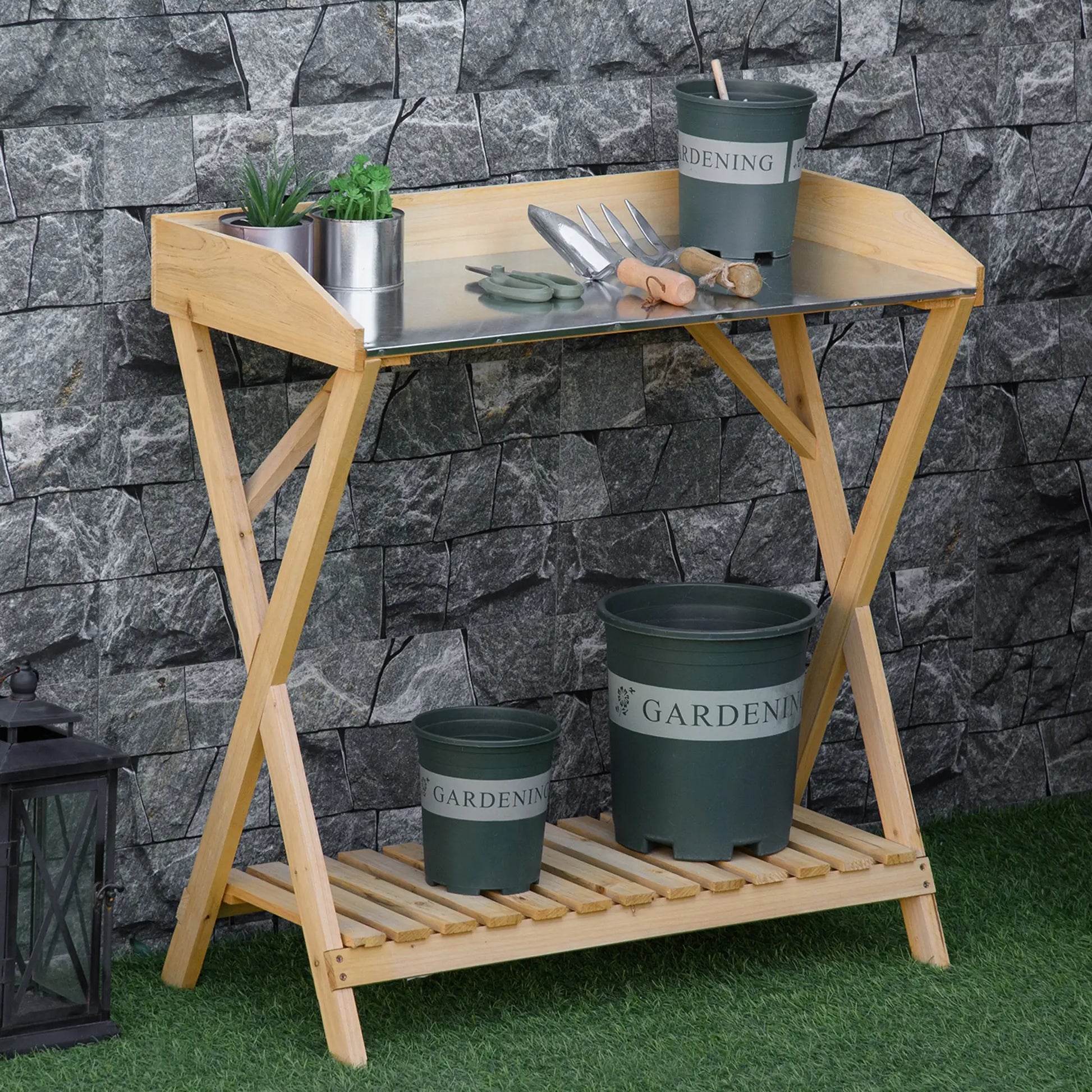 Outsunny Wooden Garden Potting Bench Table, Work Station w/ Galvanized Metal Tabletop and Storage Shelf - Rusted Decor 