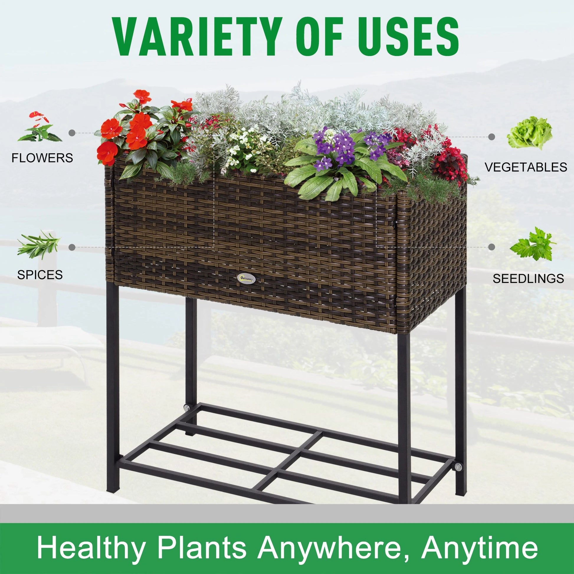 Outsunny Rattan Raised Garden Flower Bed, Box with Storage Shelf - Rusted Decor 