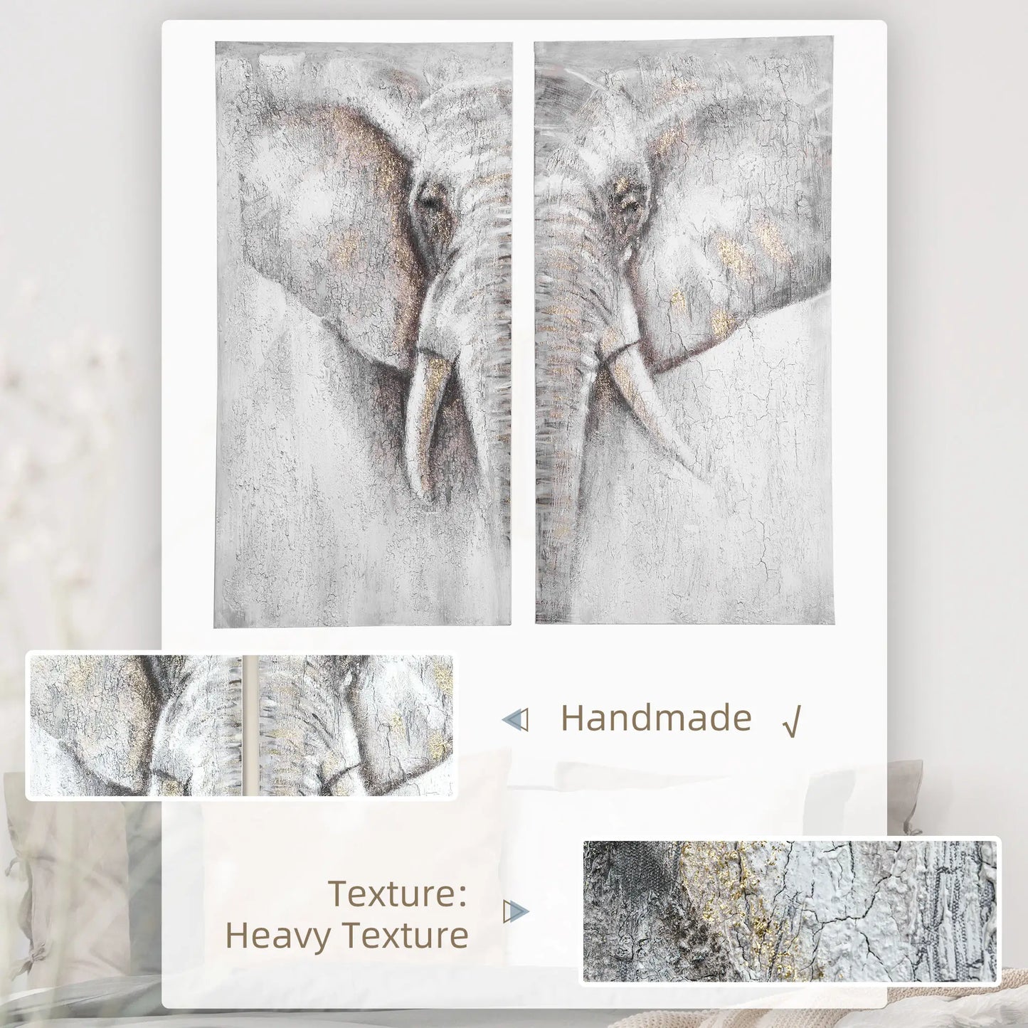 HOMCOM 2 Panel Elephant Art Hand-Painted Canvas Painting with Heavy Texture, White / Grey, 47.25" x 47.25" - Rusted Decor 