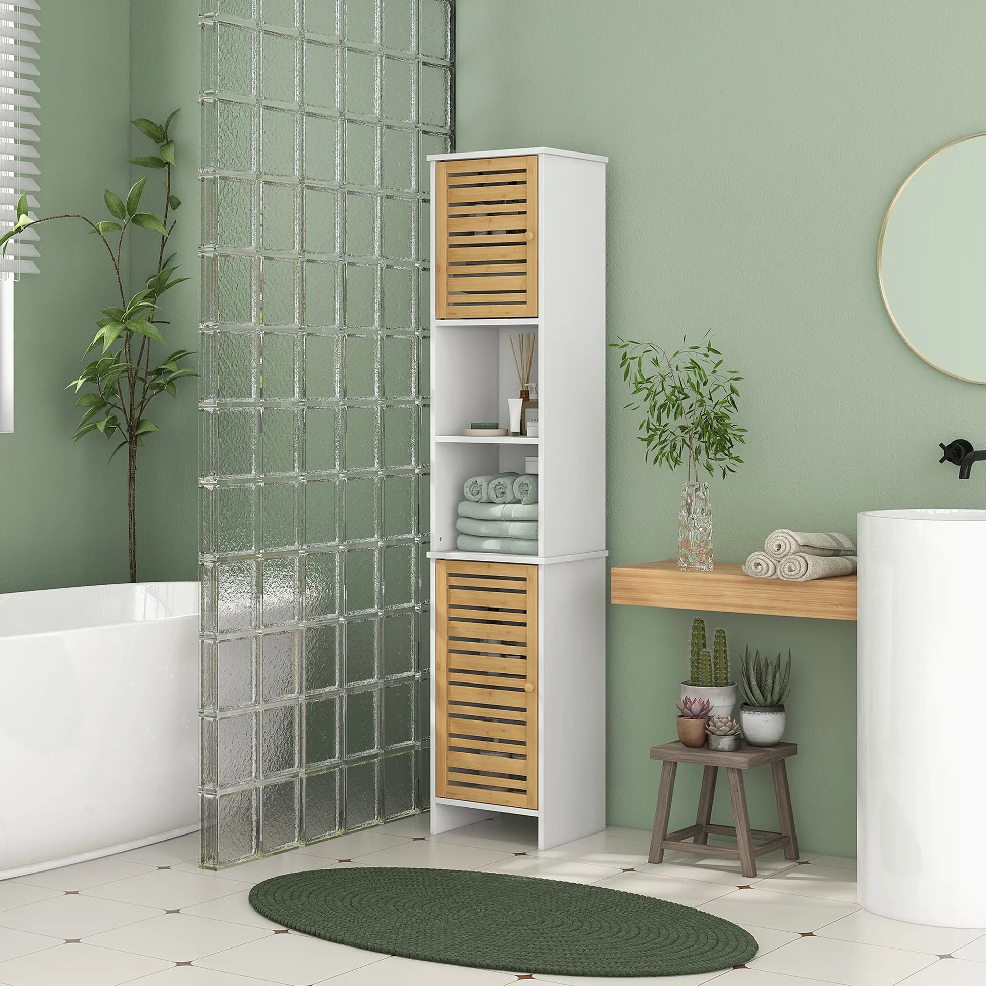 HOMCOM Bamboo Bathroom Storage Cabinet with Adjustable Shelves, White - Rusted Decor 