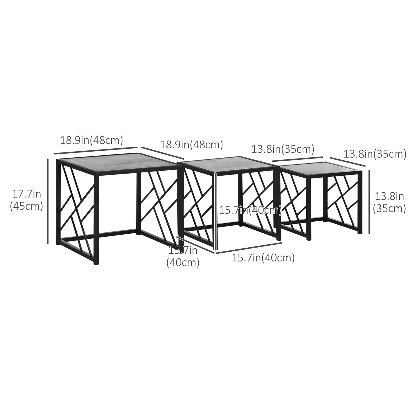 HOMCOM "Nest of Tables" Square Coffee Table Set of 3 with Metal Frame, Grey - Rusted Decor 