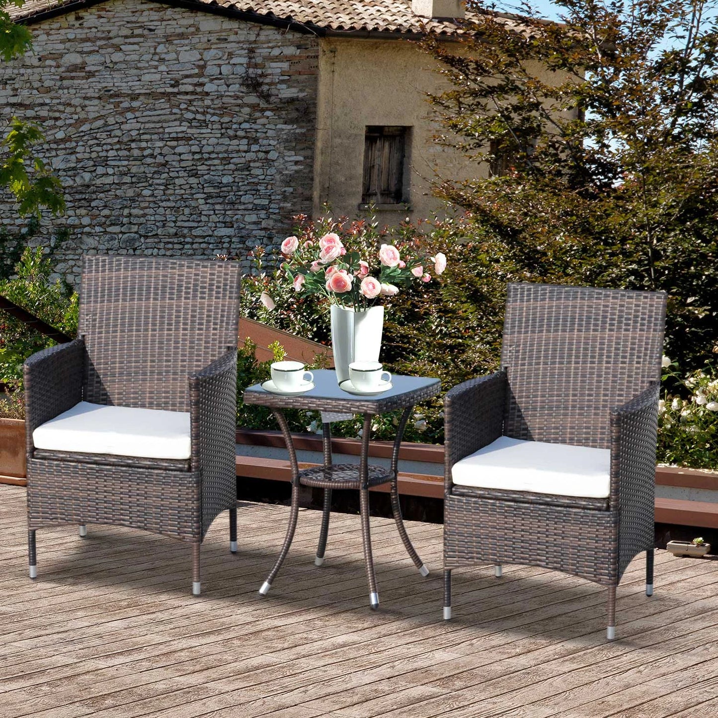 Outsunny 3 Pieces Patio Furniture Set, Rattan Bistro Set w/Two Armchairs and Glass Top Table - Rusted Decor 