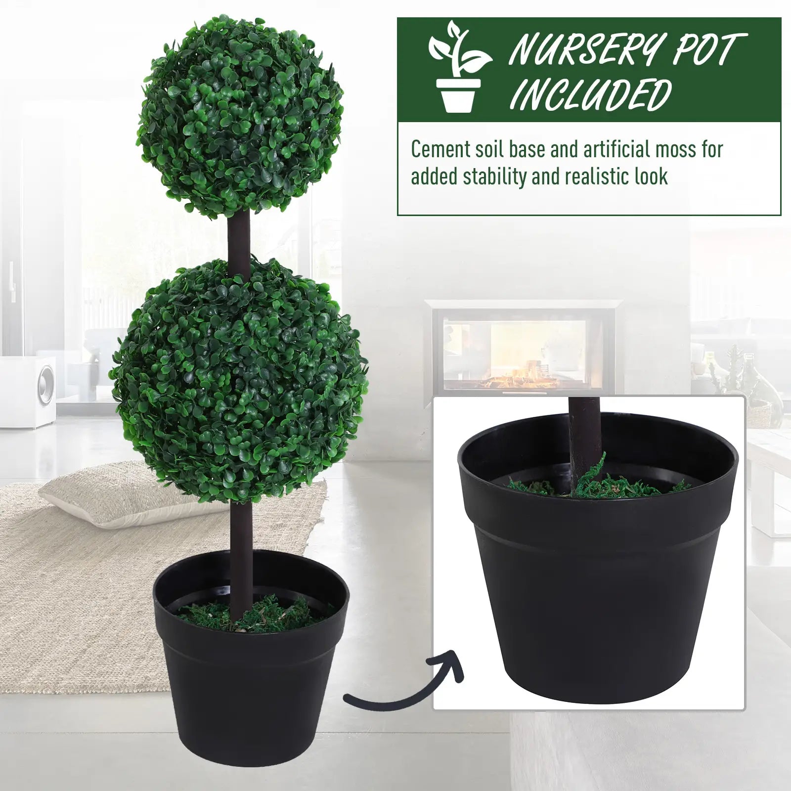 Outsunny 2 Artificial Ball Topiary Trees in Pot, Dark Green - Rusted Decor 