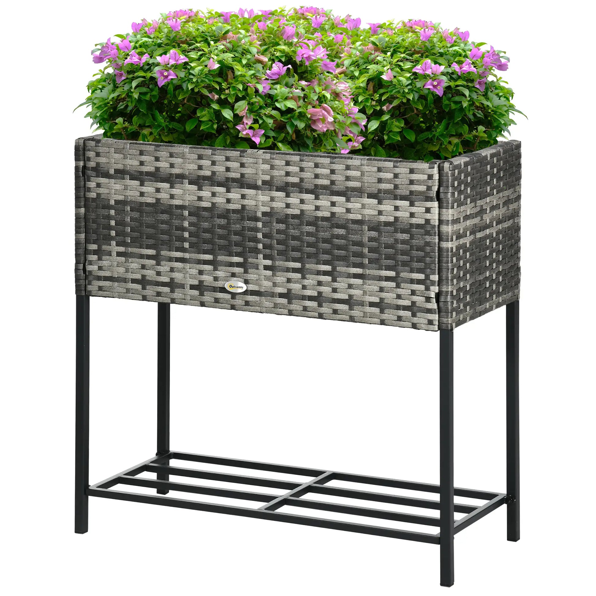 Outsunny Rattan Raised Garden Flower Beds, Boxes with Storage Shelf, Mixed Grey - Rusted Decor 