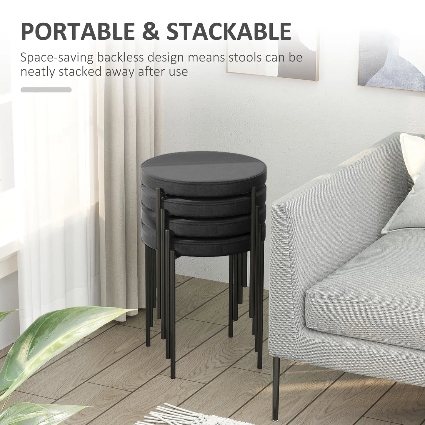 Backless Round Stacking Stools Set of 4, Kitchen Chairs with Metal Legs, Black - Rusted Decor 