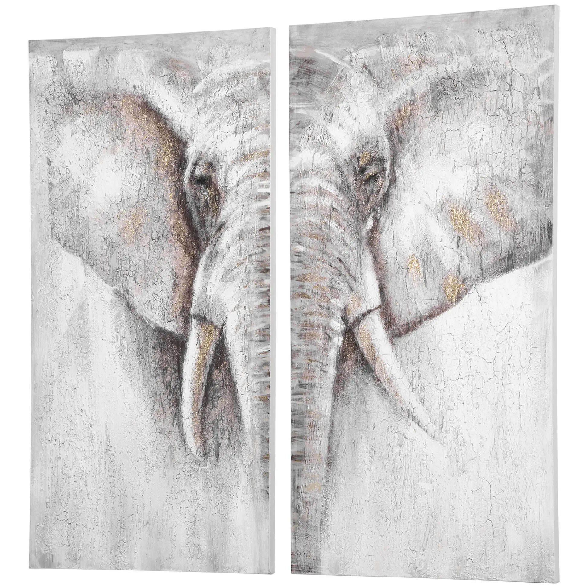 HOMCOM 2 Panel Elephant Art Hand-Painted Canvas Painting with Heavy Texture, White / Grey, 47.25" x 47.25" - Rusted Decor 